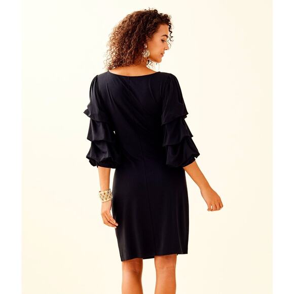 Lilly Pulitzer Leonie Ruffled Tiered Sleeve Dress in Onyx Black Stretch Size XS - Picture 3 of 8